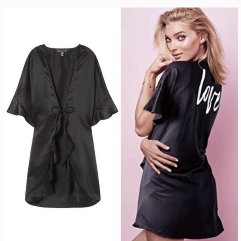 Victoria's Secret Love Short Kimono Robe Black Satin One Size